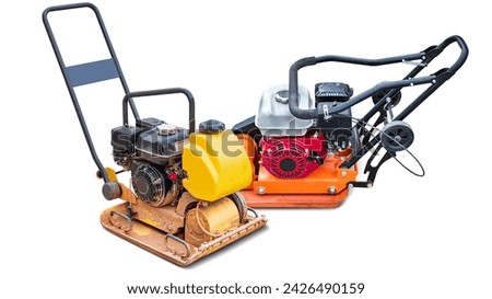 two road compacting machines used for soil compaction, placed on a white background. designed to flatten and compact surfaces for construction projects. Isolated