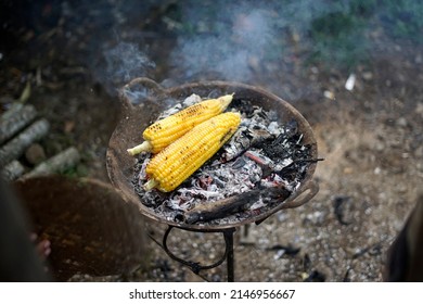 two roasted corns cooked on charcoal