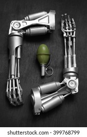 Two Robot Arms And Green Grenade On A Dark Background.