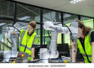 Two robots are being worked on by two people. One of the people is wearing a yellow vest