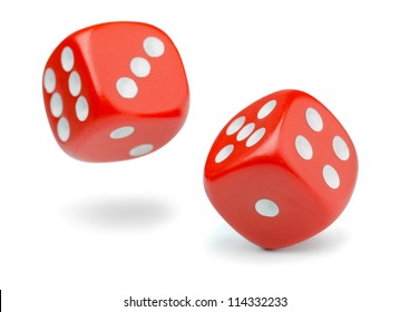 Two Rolling Red Dice Isolated On White