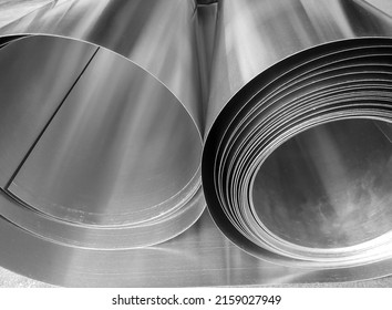 two rolls of aluminum metal material in industrial room - Shutterstock ID 2159027949
