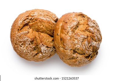 Two Round Rustic Whole Wheat Bread Rolls Isolated On White. Top View.