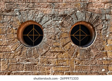 Two round windows in a stone wall
