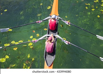 Two Rowers In A Boat, Rowing On The Tranquil Lake 