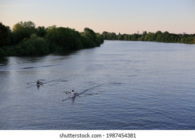 Two Rowers Skull Up The Thames At Dusk.