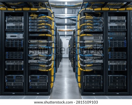 Two rows of glowing server racks, brimming with network equipment and neatly organized colorful cables, extend into distance within a modern data center. This image showcases advanced IT infrastructure, highlighting efficient design and critical technology essential for global digital operations.