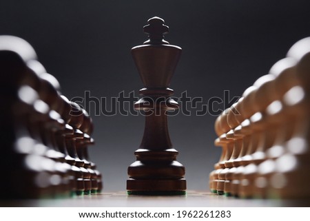 two rows of pawns with black king in the center. Classic Wooden Tournament chess set on black background.