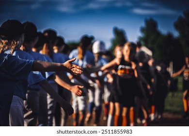 Two rows of youth girl softball players after a game giving high-fives - Powered by Shutterstock