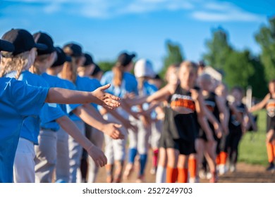 Two rows of youth girl softball players after a game giving high-fives - Powered by Shutterstock