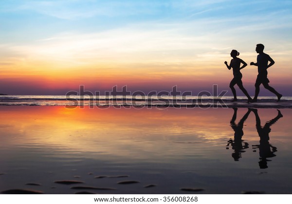 Two Runners On Beach Silhouette People Stock Photo (Edit Now) 356008268