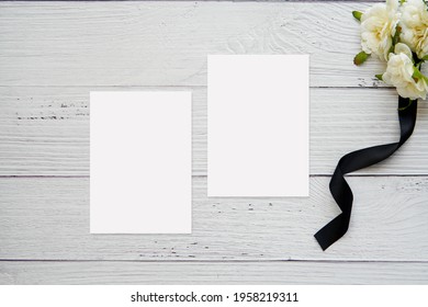 Two Sad Grief Cards Mockup, Funeral Program Template On Washed Wood Background, White Flowers With Black Ribbon.