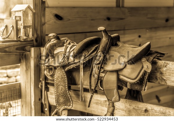 Two Saddles On Wall Horse Barn Stock Photo Edit Now 522934453