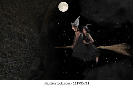 Two Scared Witches Flying On A Broom. Black Background With Moon And Stars