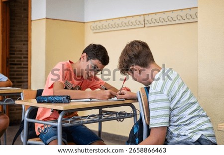Two schoolboys collaborating during a writing task in classroom, working together at desk in a supportive learning environment