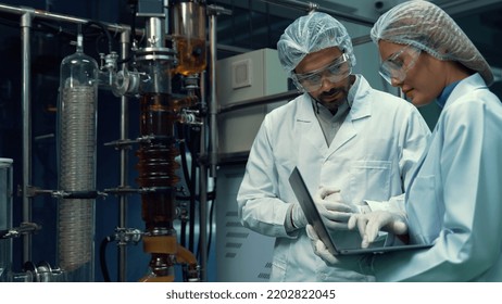 Two Scientist In Professional Uniform Working In Laboratory For Chemical And Biomedical Experiment