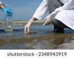 Two scientists examined seawater and collected the sample in a test tube and recorded the experimental results in the tablet.