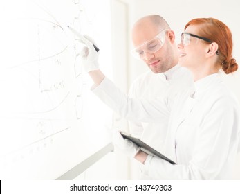 Two Scientists In A Laboratory Having A Discussion And Sharing Data As The Woman Draws Diagrams On A Glass Board Or Interface With A Felt Tip Pen