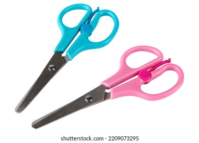 Two Scissors For Creativity Or For The Office, With Cyan And Pink Handles, On A White Background, Isolate