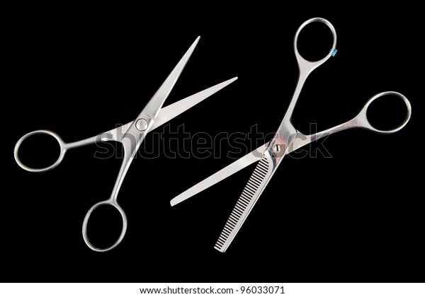 Two Scissors Cut Hair Over Black Stock Photo Edit Now 96033071