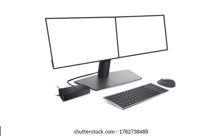 Two screen computer monitor setup on a white background. Curved screen computer monitor with free space. New generation desktop setup 