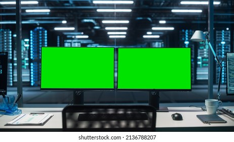Two Screens Showing Advanced Neural Network. AI Analysis on Computer Monitors in High-Tech Big Data Center. Concept of Web Services, Machine Learning, Cyber Security