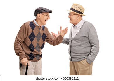 Two Senior Gentlemen Talking To Each Other And Laughing Isolated On White Background