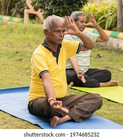 Two Senior Man Doing Alternate Nostril Breathing Exercise Or Nadi Shodhana Pranayama At Park On Yoga Mat At Park - Concept Of Healthy Active Old People Lifestyle
