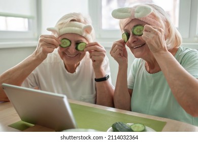 Two Senior Women Apply Facial Cosmetic Mask, Have Fun At Home, Make Selfie And Chat With Friends In Social Media, Wellness And Beauty In Any Age, Body Positivity, Self-esteem And Ageism, Lifestyle