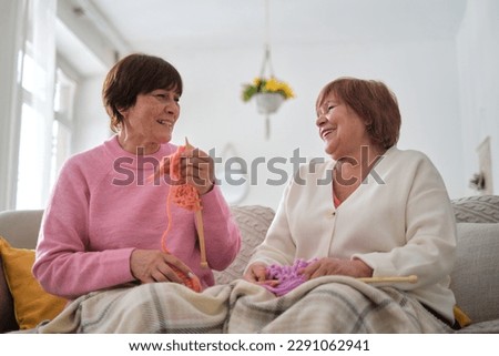 two senior women knitting and reminiscing together. maintaining strong family bonds and social interaction to combat loneliness and isolation in older adults.