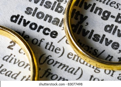 Two separate wedding rings next to the word "divorce"