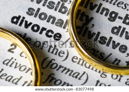 Two separate wedding rings next to the word "divorce"