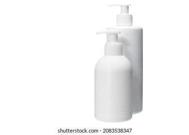 Two Several Size Matte Opaque White Plastic Bottle With Dispenser For Portion Use Of Liquid Soap For Hygiene And Skin Care, Isolated Object On White Background With Copy Space, Nobody.