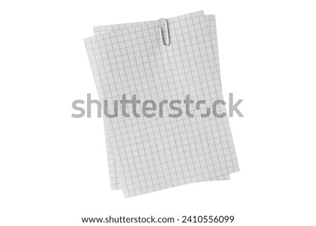 Two sheets of checkered paper with a white paper clip isolated on white. Empty memo pad.
Blank exercise book page. Document or shopping list mockup. Invoice with copy space. Note background.
