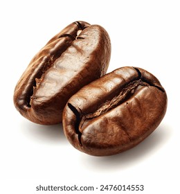 Two shiny fresh roasted coffee beans isolated on white background.
 - Powered by Shutterstock