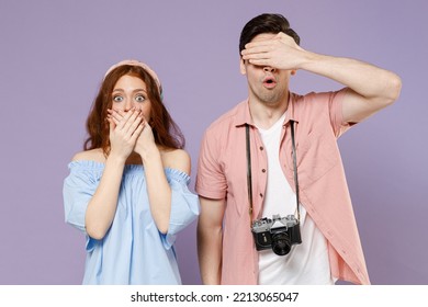 Two Shocked Traveler Tourist Woman Man Couple Wearing Casual Clothes Cover Eyes Mouth With Hand Isolated On Purple Background. Passenger Travel Abroad On Weekends Getaway. Air Flight Journey Concept.