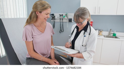 Two shot of woman talking to her reassuring primary care doctor in exam room. Middle aged patient having appointment with female senior physician