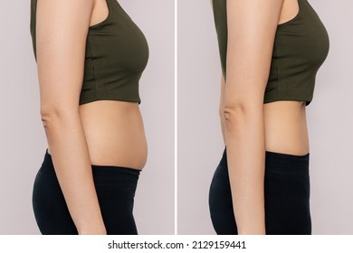 Two shots of a woman in profile with a belly with excess fat and toned slim stomach with abs before and after losing weight isolated on a beige background. Result of diet, liposuction, training