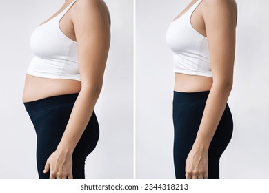 Two shots of a woman in profile with a belly with excess fat and toned slim stomach before and after losing weight on gray background. Result of diet, liposuction, training. Getting rid of overweight