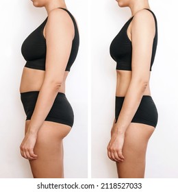 Two Shots Of A Young Woman With Excess Fat And Toned Slim Body Before And After Losing Weight Isolated On A White Background. Result Of Diet, Liposuction, Training. Healthy Lifestyle. Profile