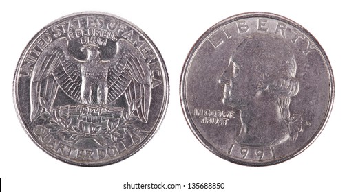 Two Sides Of A 25 Cent (quarter) Coin. Obverse Side Depicts President's George Washington Profile Portrait, And Reverse Side Depicts USA's Coat Of Arms - The Bald Eagle. Isolated On White Background.