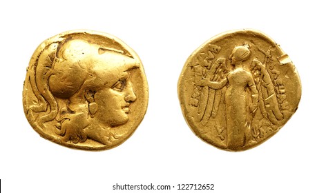 The Two Sides Of An Ancient Greek Gold Coin, Alexander The Great, Isolated On White.