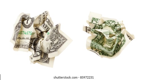 two sides of one crumpled dollar isolated on white with clipping path included