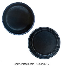 Two Sides (top And Bottom) Of A Black Plastic Bottle Cap As Seen From Directly Above The Object. Isolated On White Background.