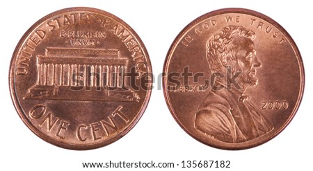 Two sides of a USA 1 cent (penny) coin.  This is the version of the penny that was produced between the years 1959-2008, depicting the Lincoln memorial. Isolated on white background.
