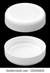 Two Sides Of A White Plastic Bottle Cap Seen From A Slightly High Angle. Isolated On Black Background.