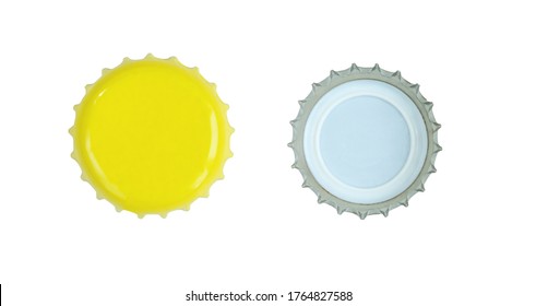 Two sides of yellow metallic bottle cap isolated on white background.