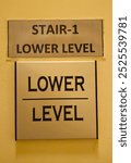 Two signs on a yellow wall indicating the lower level and stairs. The top sign reads STAIR 1 LOWER LEVEL while the bottom sign simply states LOWER LEVEL, showcasing redundancy in signage.