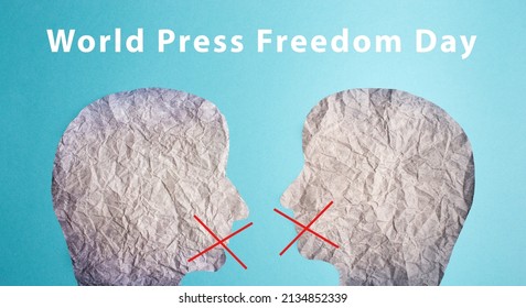 Two silhouette faces look at each other, red cross over the mouth, censorship free speech, cancel culture, censored media, world press freedom day

