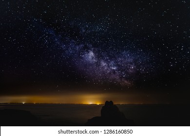 Two siluettes people and Landscape Milky way galaxy with stars and space in the universe background
